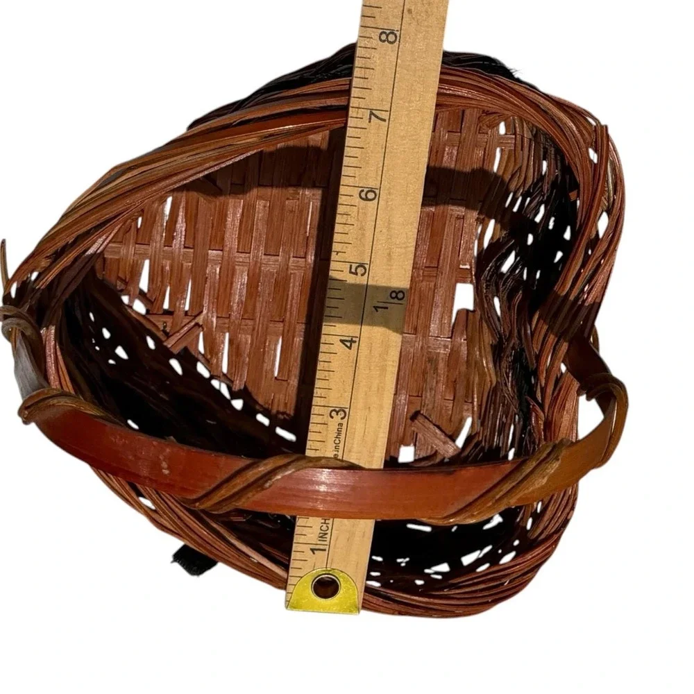 Vintage Heart Shaped Woven Basket Black Bow Farmhouse Primitive Country Decor
